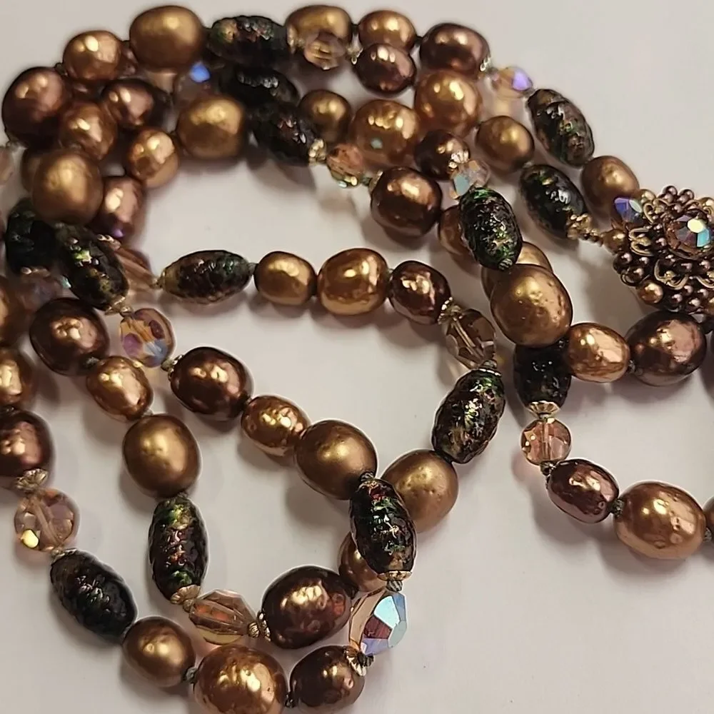 Vintage Gold and Brown Beaded Necklace Cool Glass Beads - Picture 7 of 8
